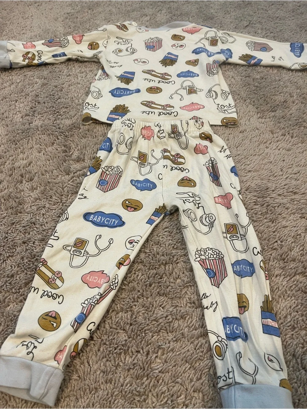 Cream Kids Pajama Set with Snack Print